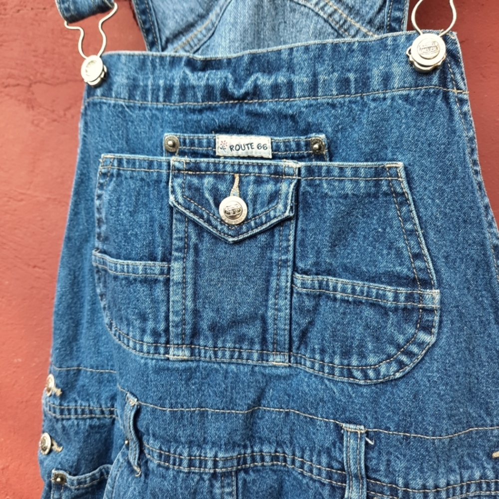 Route 66 Vintage 90's Denim Shortalls Bib Overalls Frayed Shorts Jeans Jorts - Picture 2 of 15